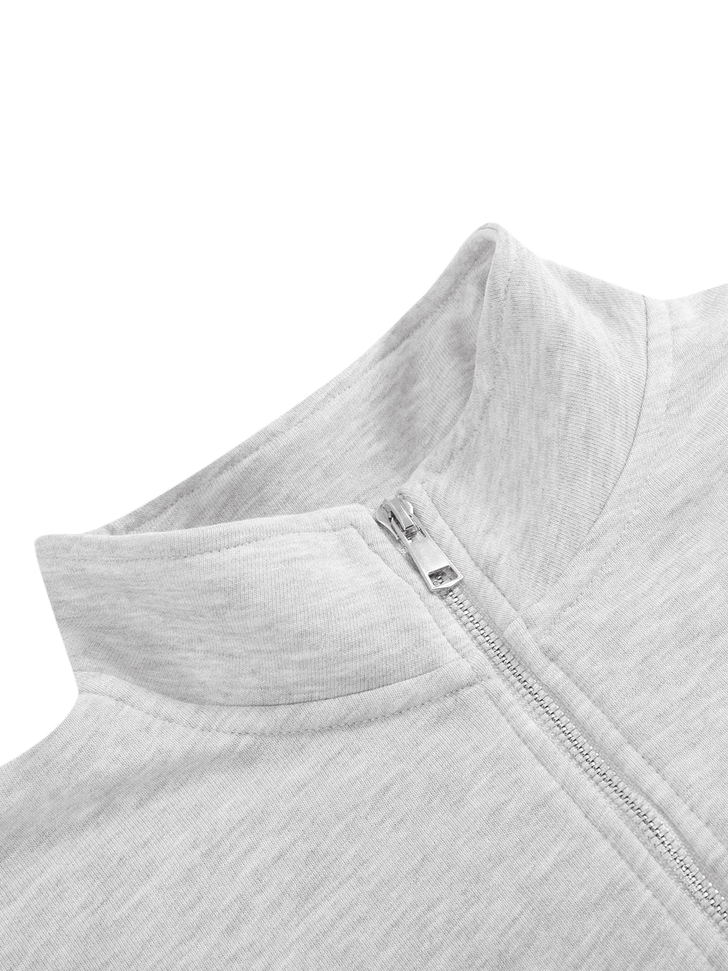 Light gray quarter-zip sweatshirt neckline with metal zipper and ribbed hem