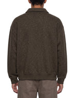 Unisex boxy quarter-zip sweatshirt, dark brown, back view, ribbed cuffs and straight hem
