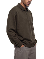Unisex boxy quarter-zip sweatshirt, dark brown, model wearing, collared half-top quarter zip