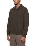 Unisex boxy quarter-zip sweatshirt, dark brown, front three-quarter view, collared zipper