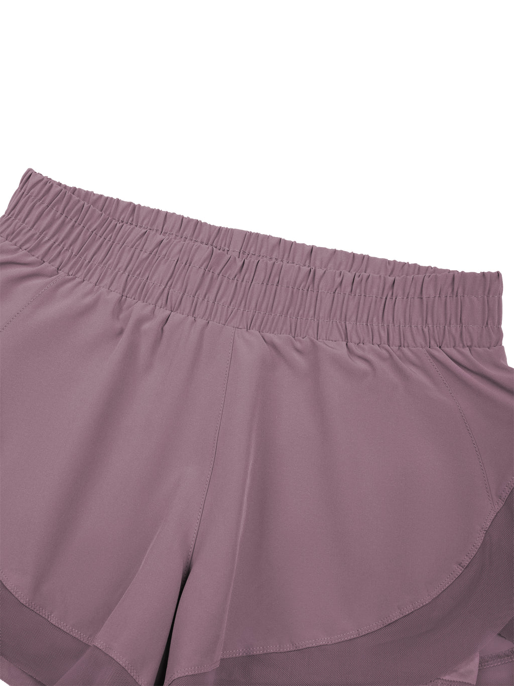 Women’s purple paneled yoga shorts with gathered elastic waistband