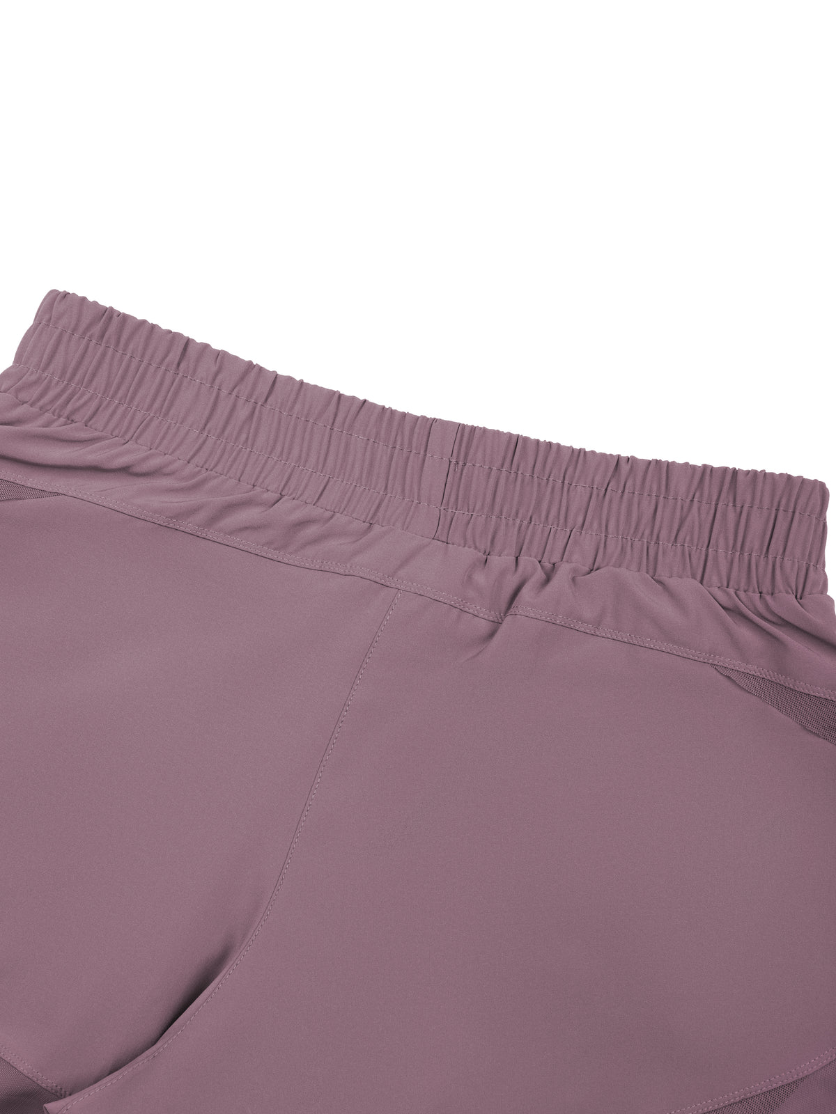 Women’s purple paneled yoga shorts front close-up with elastic waistband