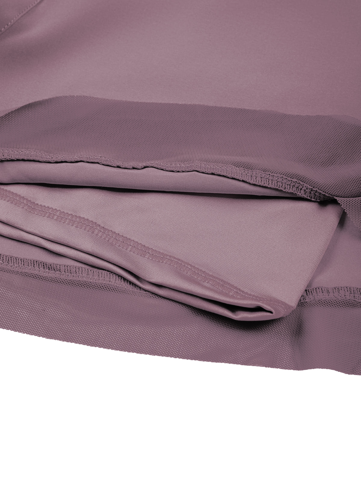 Women’s purple yoga shorts close-up of inner lining layers and stitching