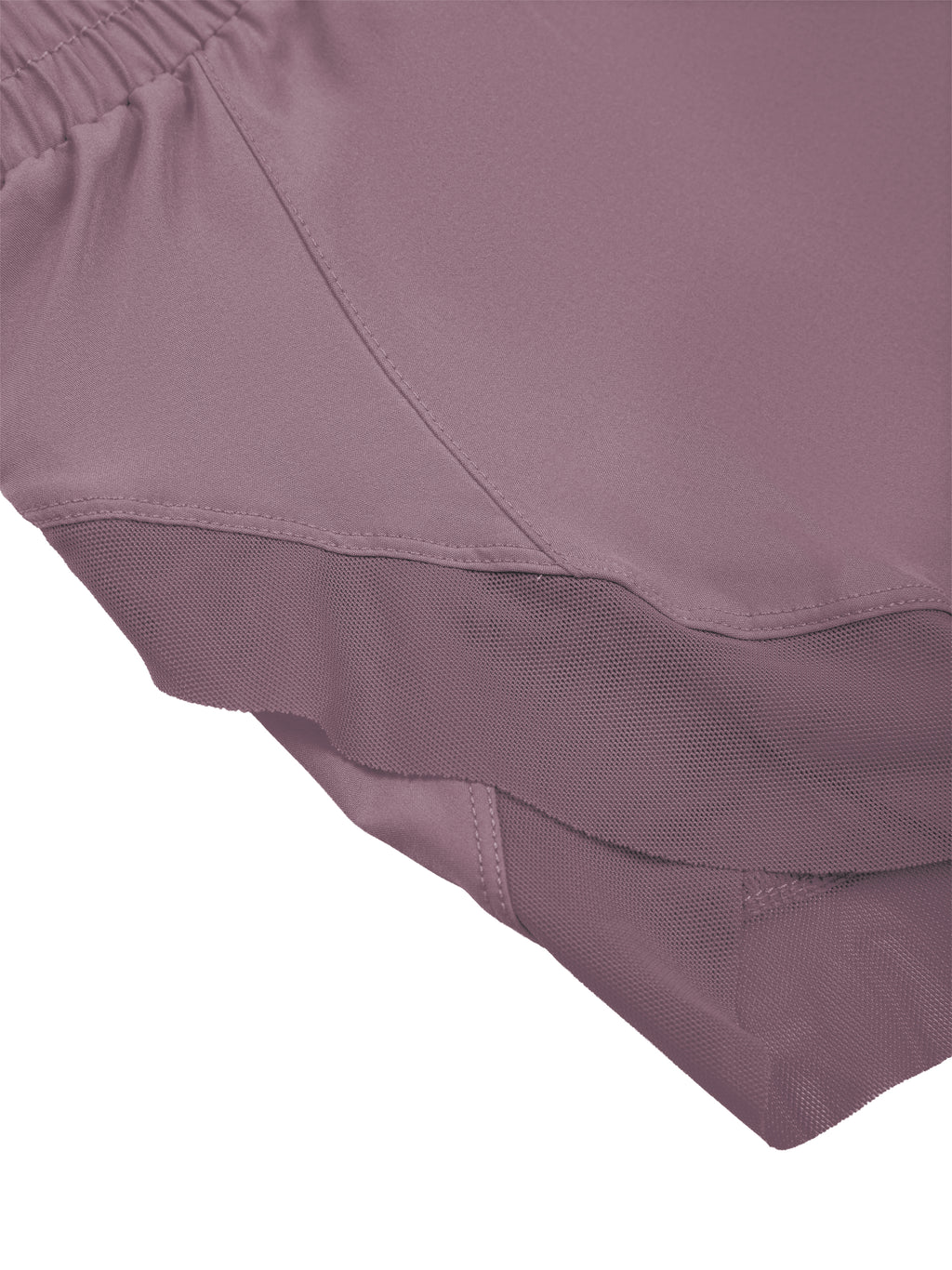 Women’s purple yoga shorts hem with paneled seam and layered underlay