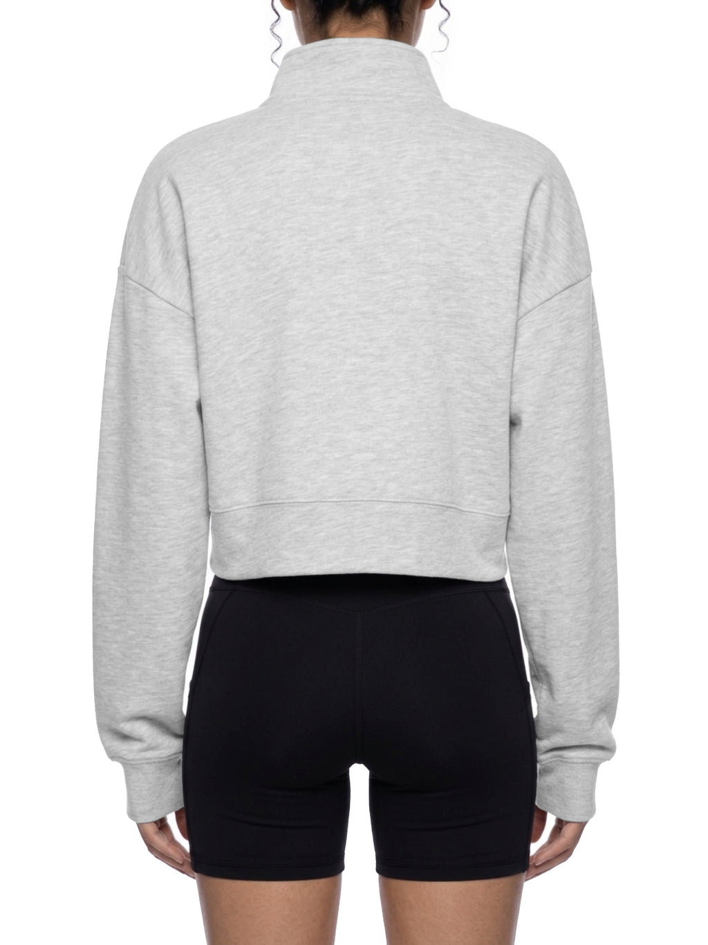Light gray women’s crop quarter-zip sweatshirt, back view with pullover fit