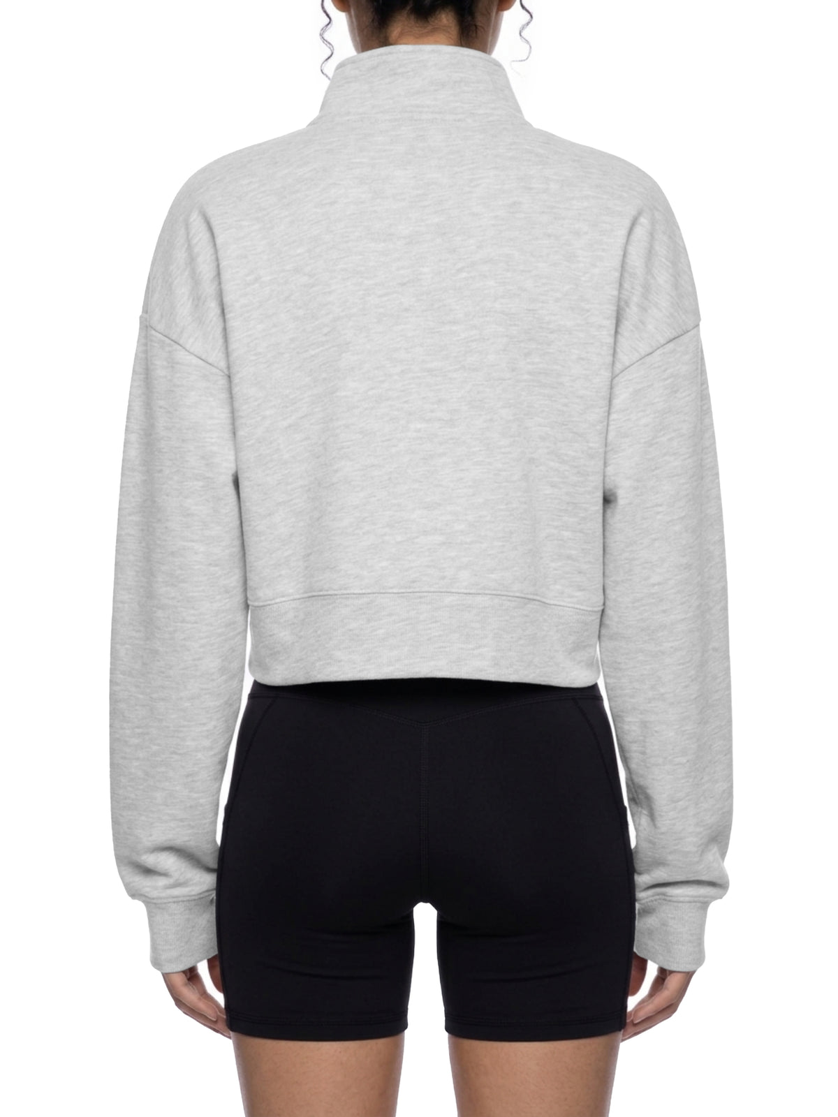 Light gray women’s crop quarter-zip sweatshirt, back view with pullover fit