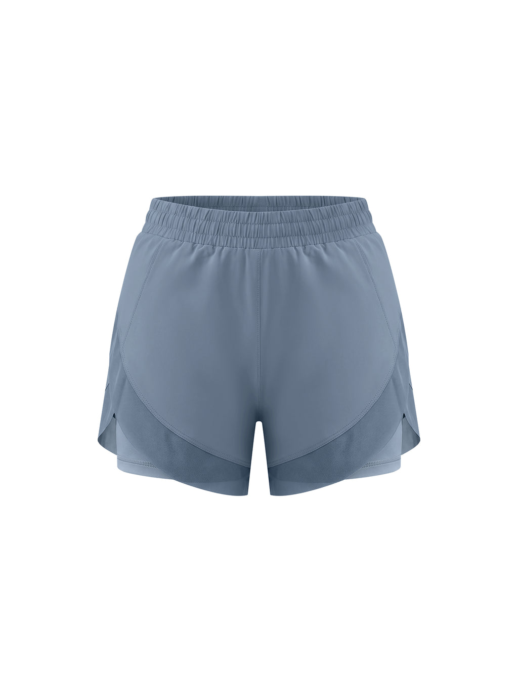 Light blue paneled yoga shorts with wide elastic waistband and relaxed fit.
