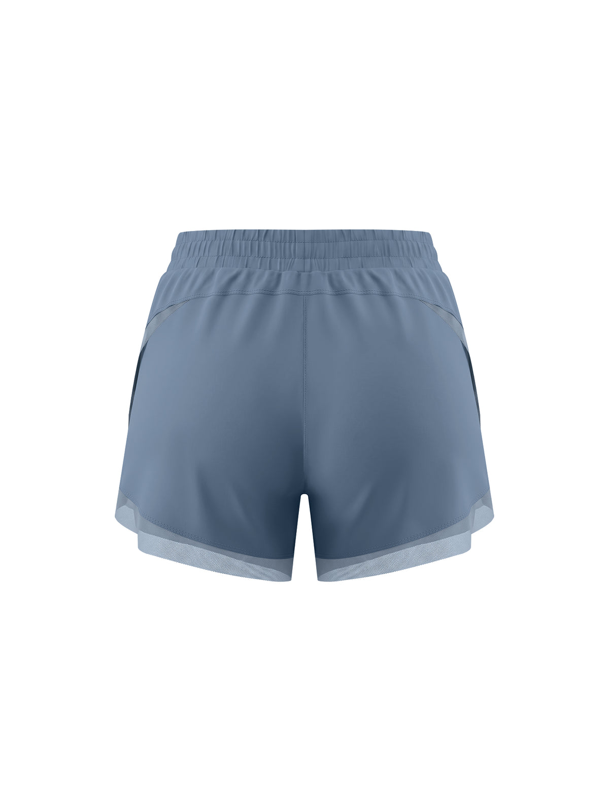 Light blue paneled yoga shorts with wide elastic waistband and airy side hem.