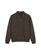 Unisex boxy quarter-zip sweatshirt, dark brown, collared neckline, ribbed cuffs and hem