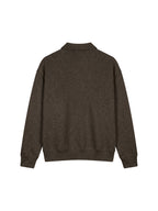 Unisex boxy quarter-zip sweatshirt, dark brown, long sleeves, ribbed hem and cuffs
