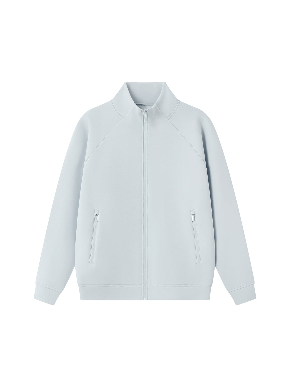 Light stand collar zip jacket in pale blue with side zippers and long sleeves.