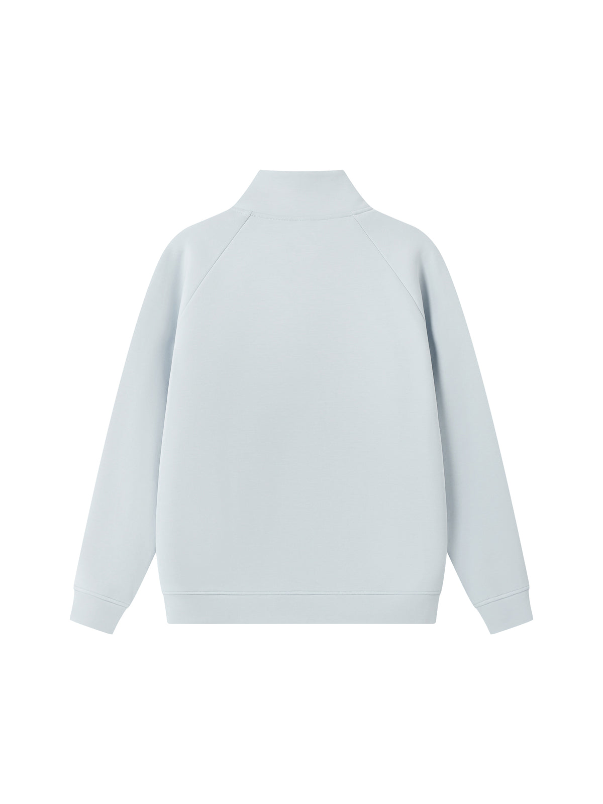 Light pale blue stand collar zip jacket, back view with long sleeves.