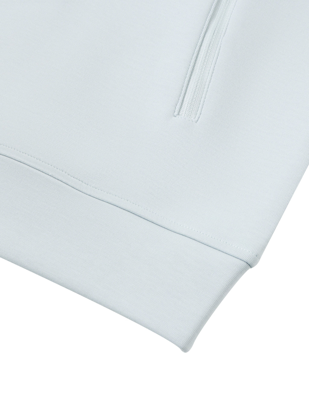 Light blue stand-collar jacket hem with smooth, straight seam