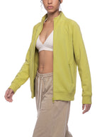 Lime yellow stand collar zip jacket worn open, front view with long sleeves.
