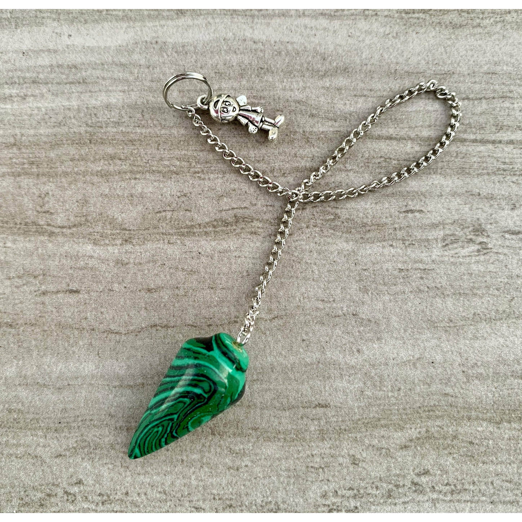 Malachite pendulum necklace with green striped stone and silver chain, metal clasp