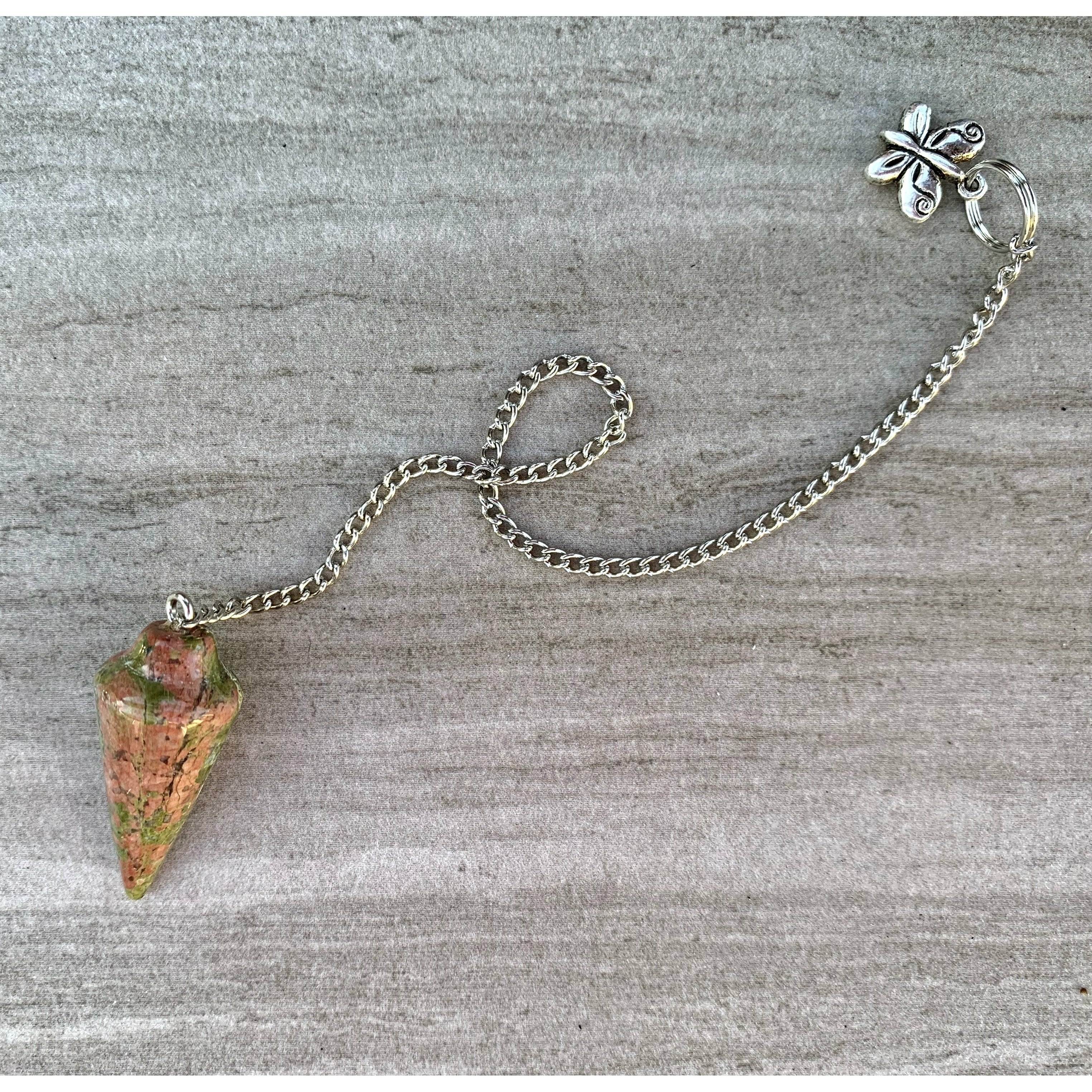 Unakite pendulum with silver chain and flower charm detail