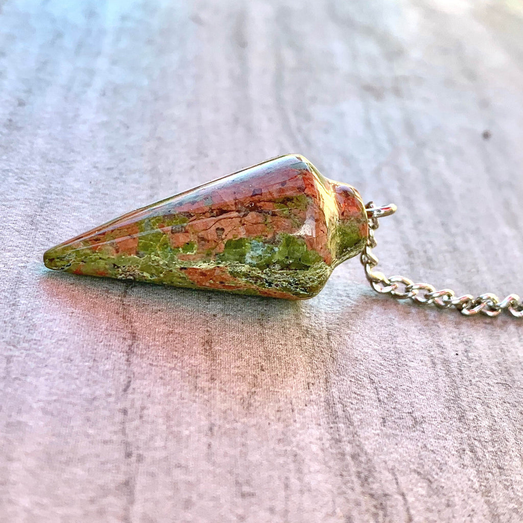 Unakite teardrop pendulum gemstone with silver chain and metal clasp