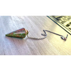 Unakite gemstone pendulum with short silver chain and hanging clasp