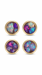 Gold stud earrings with round bezel settings and purple-blue opal iridescence