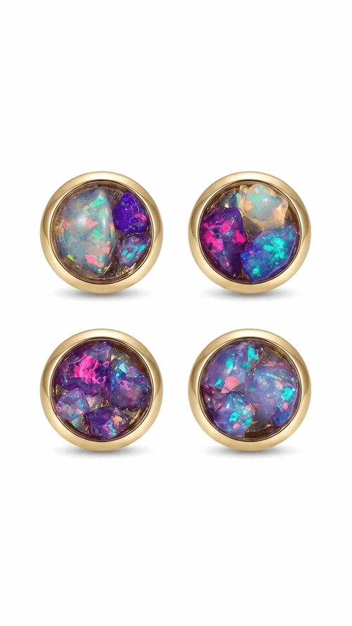 Gold stud earrings with round bezel settings and purple-blue opal iridescence