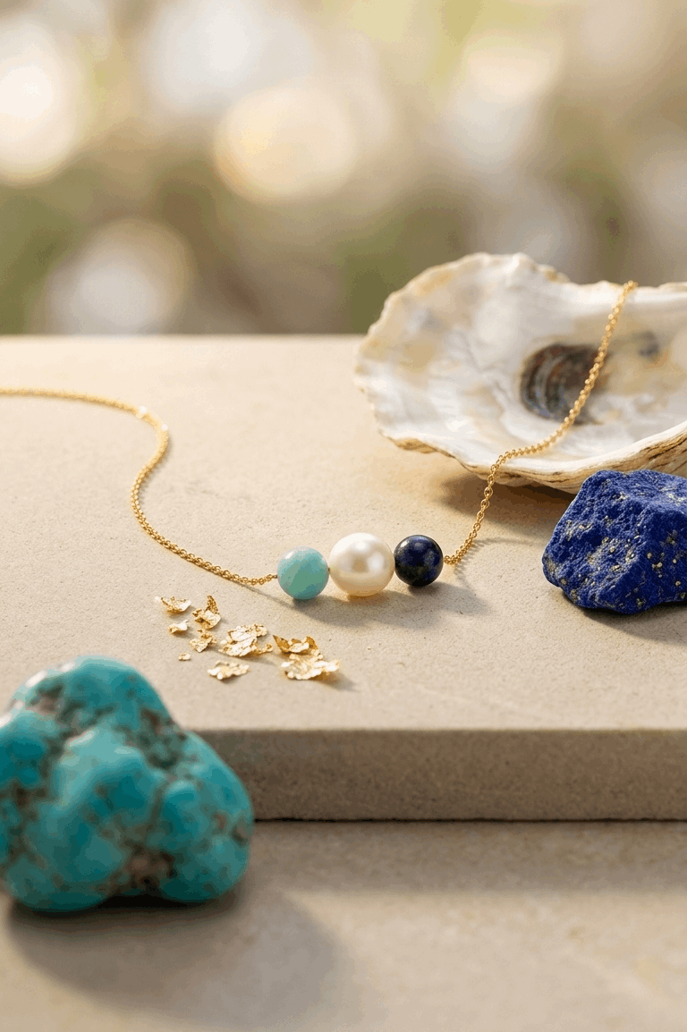 Gold beaded necklace with white pearl and green and dark blue stones