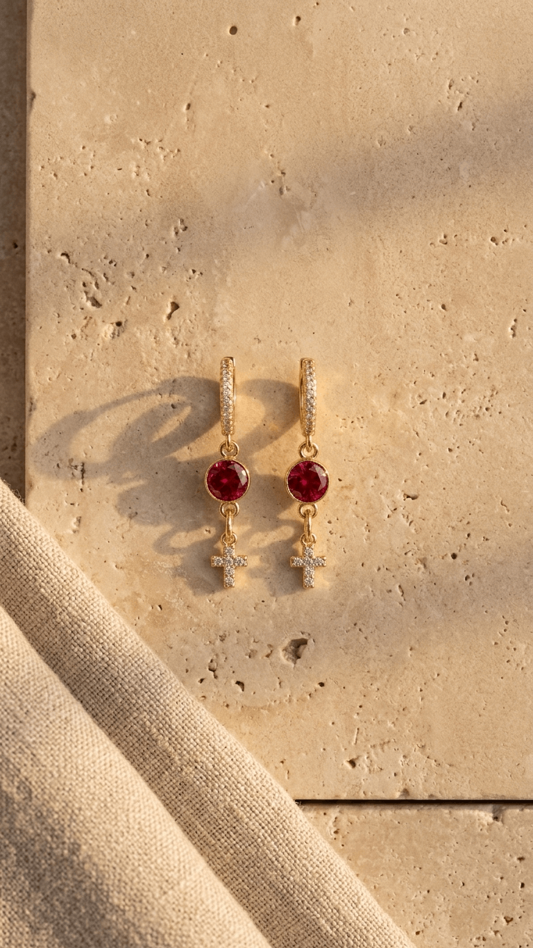 Gold-tone cross drop earrings with round red gemstones and small zircon accents
