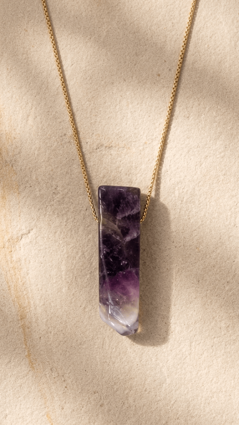 18k gold necklace with purple amethyst bar pendant on a thin chain