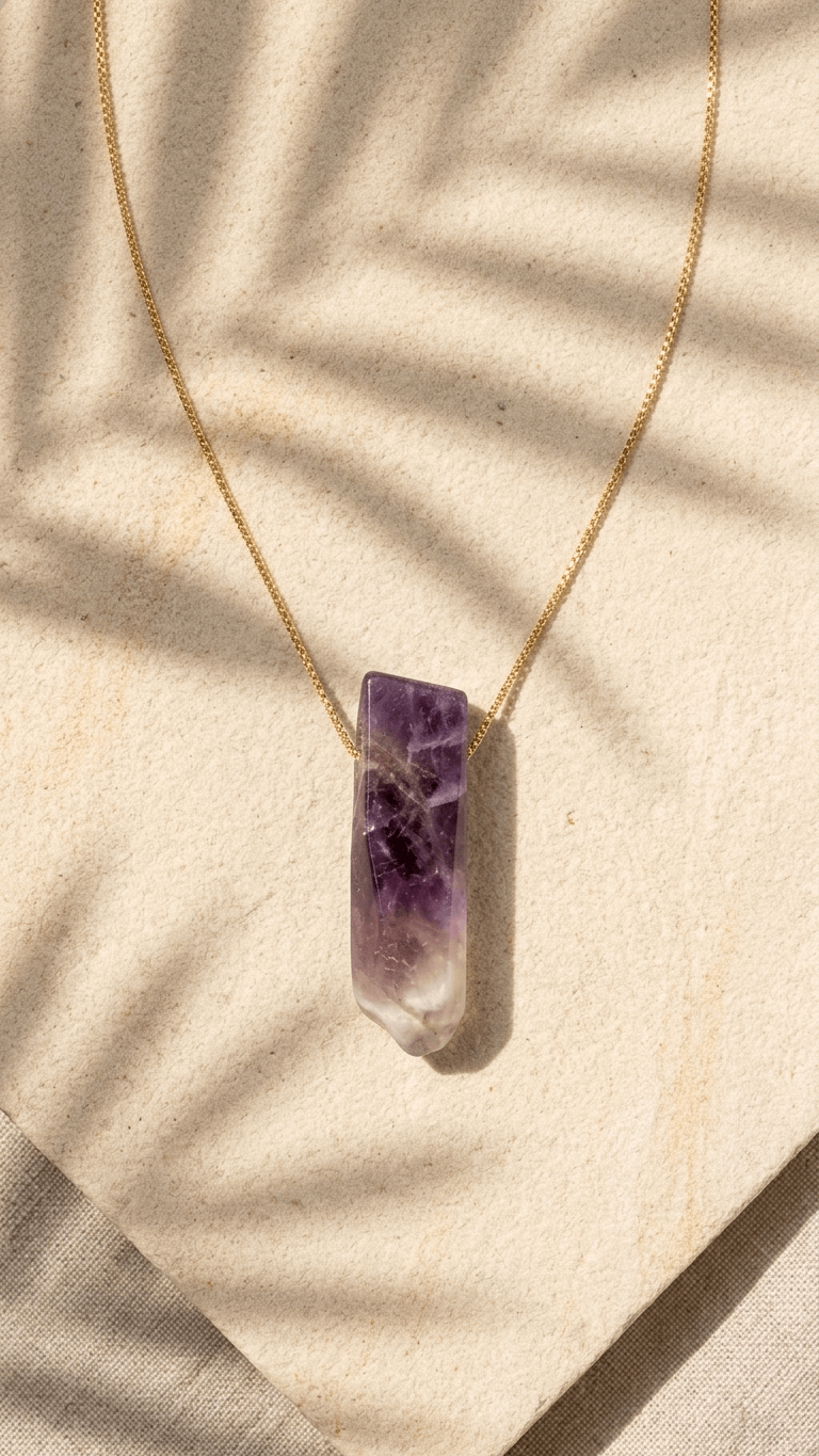 Gold necklace with small purple amethyst bar pendant and pale clear crystal base