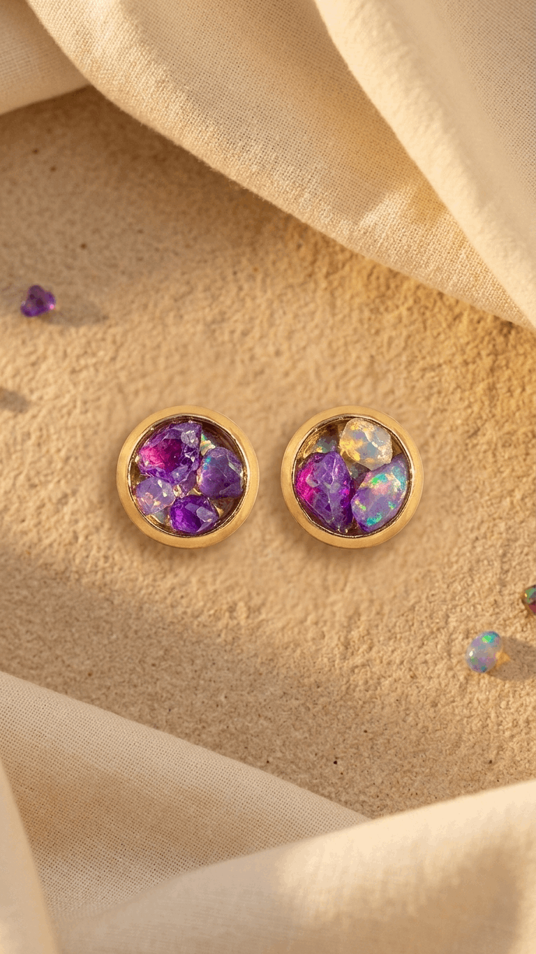 Gold opal stud earrings, round purple and rainbow iridescent stone settings