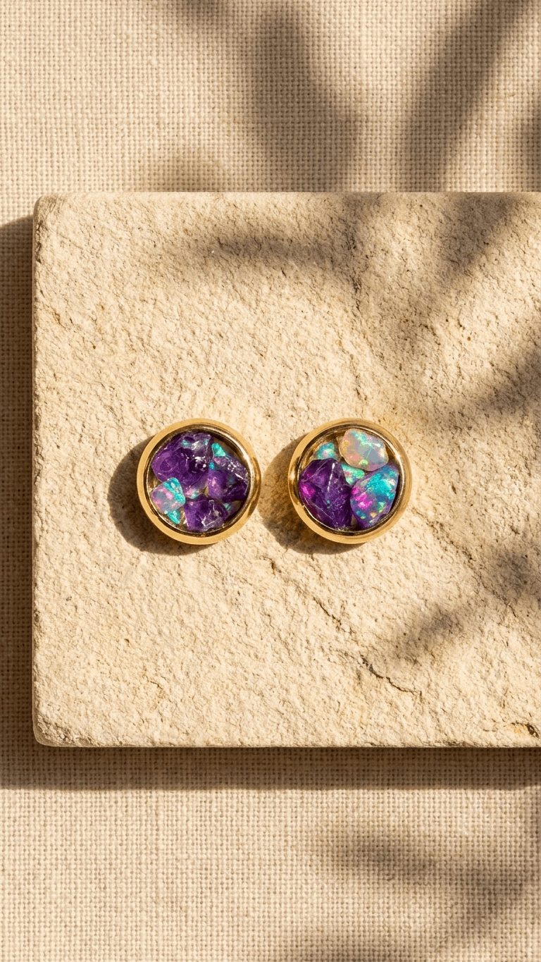Gold opal stud earrings with purple gemstone center and iridescent bezel