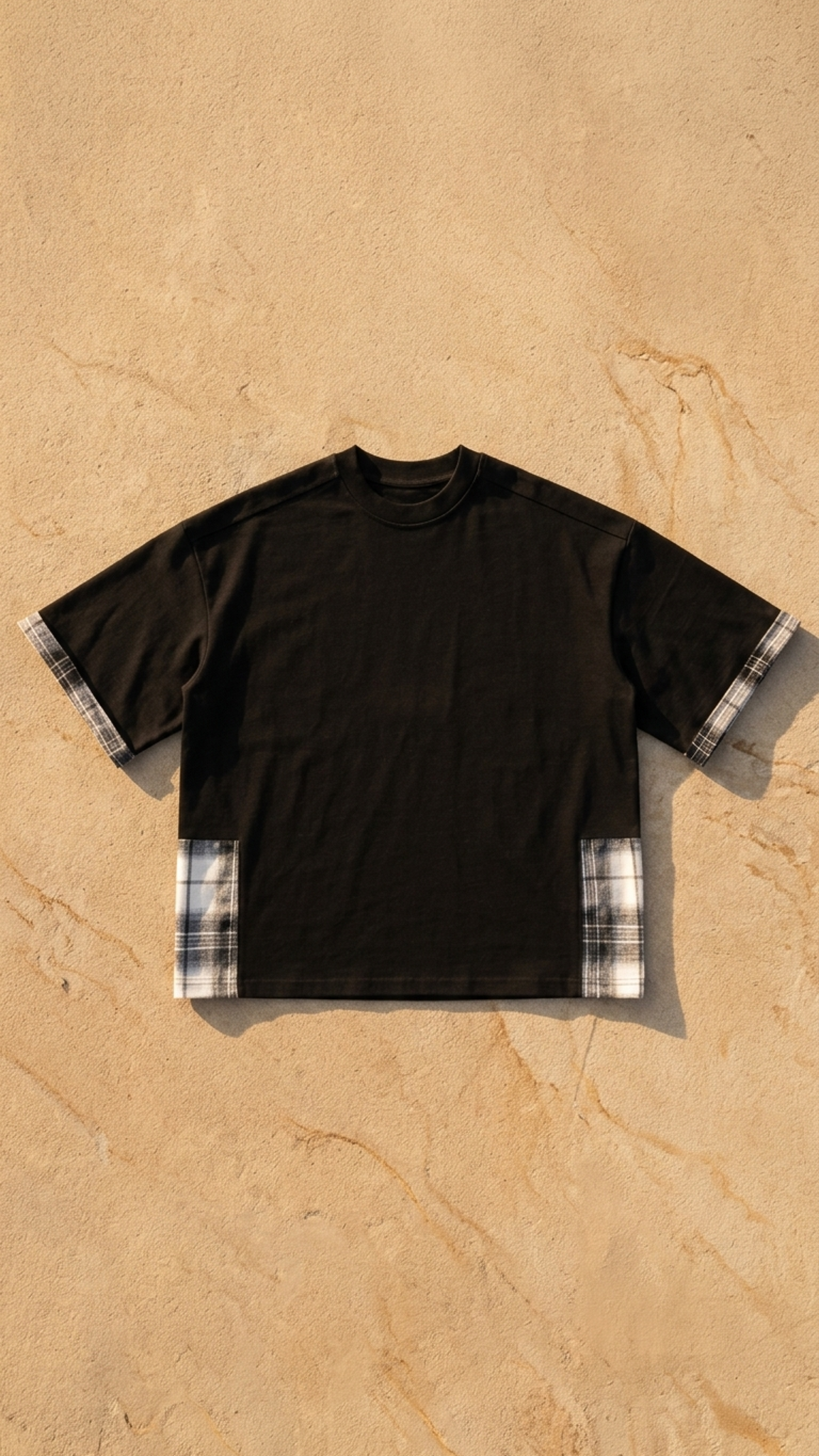 Unisex black plaid-paneled T-shirt laid flat, featuring plaid-trim sleeves