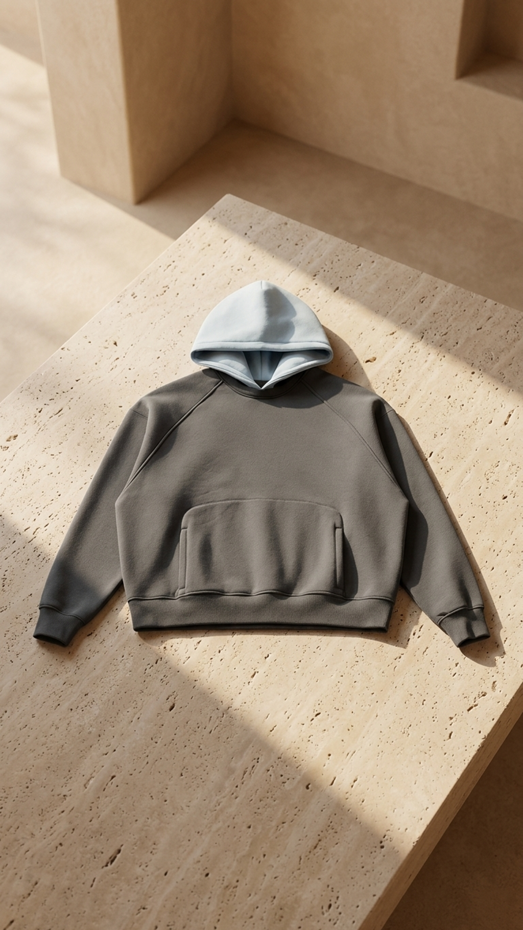 Unisex fleece raglan color-block hoodie, dark gray body with light blue hood