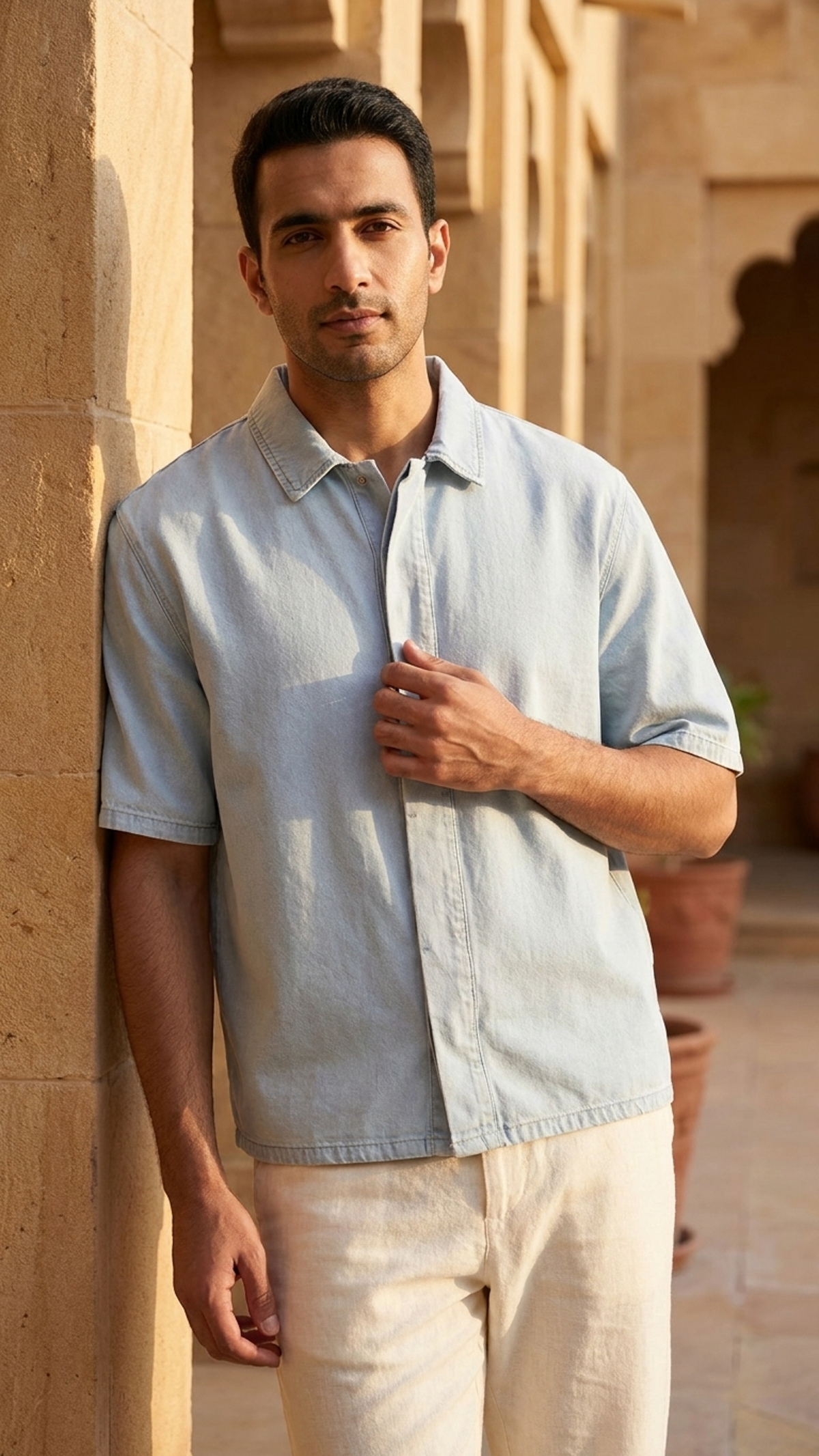 Light blue unisex drop-shoulder lyocell shirt with short sleeves and button-front