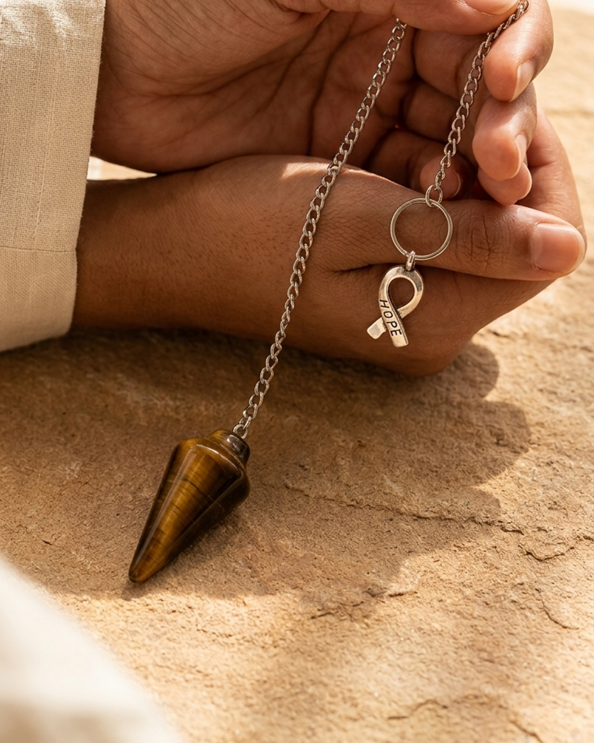 Tiger eye pendulum bag charm with dangling chain and small round ring charm