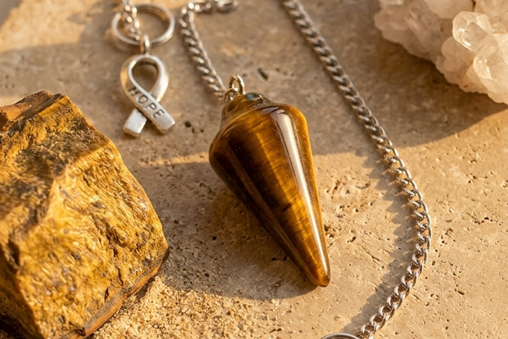 Tiger eye pendulum charm with silver chain and small tag charm, close-up