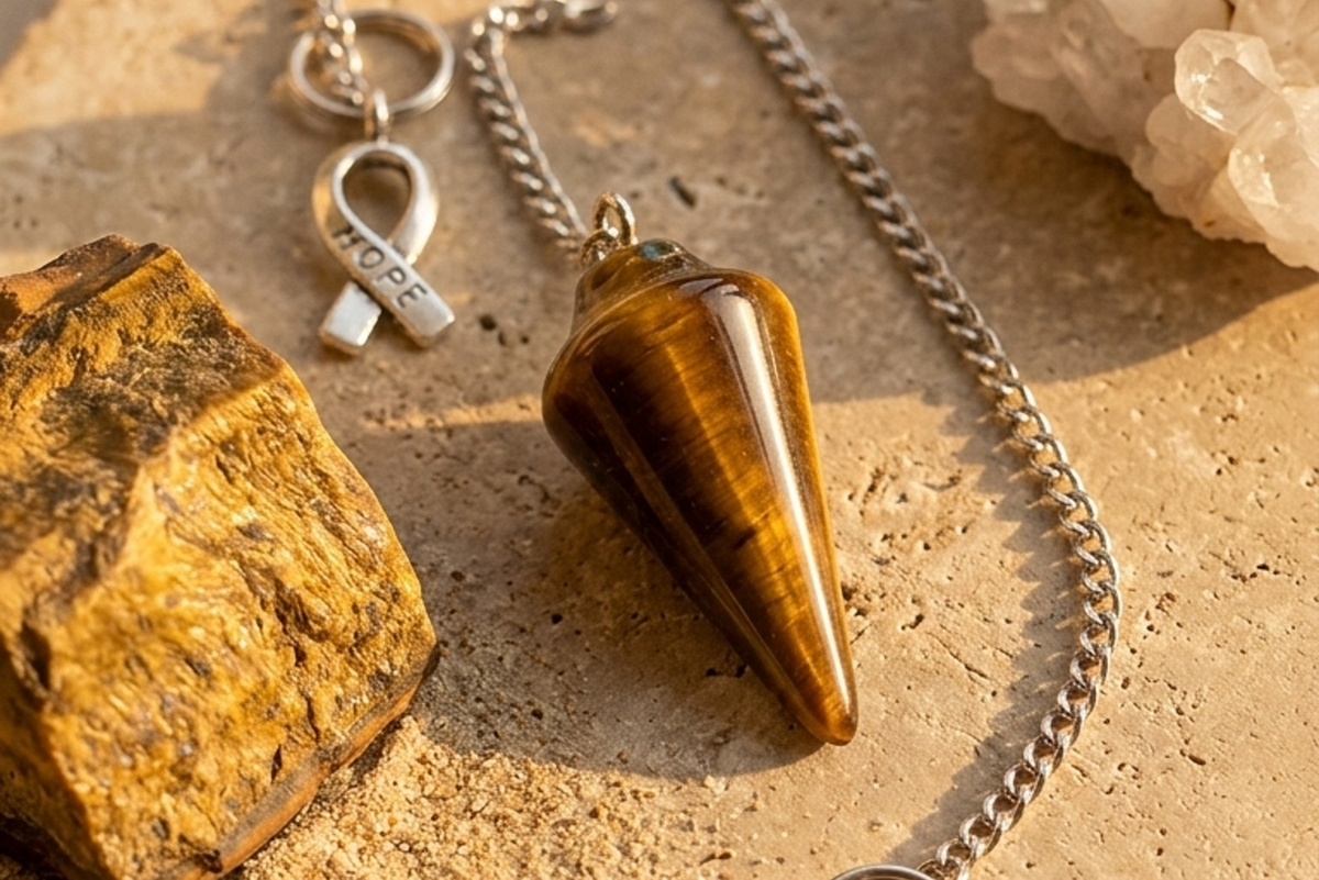 Tiger eye pendulum charm with silver chain and small tag charm, close-up
