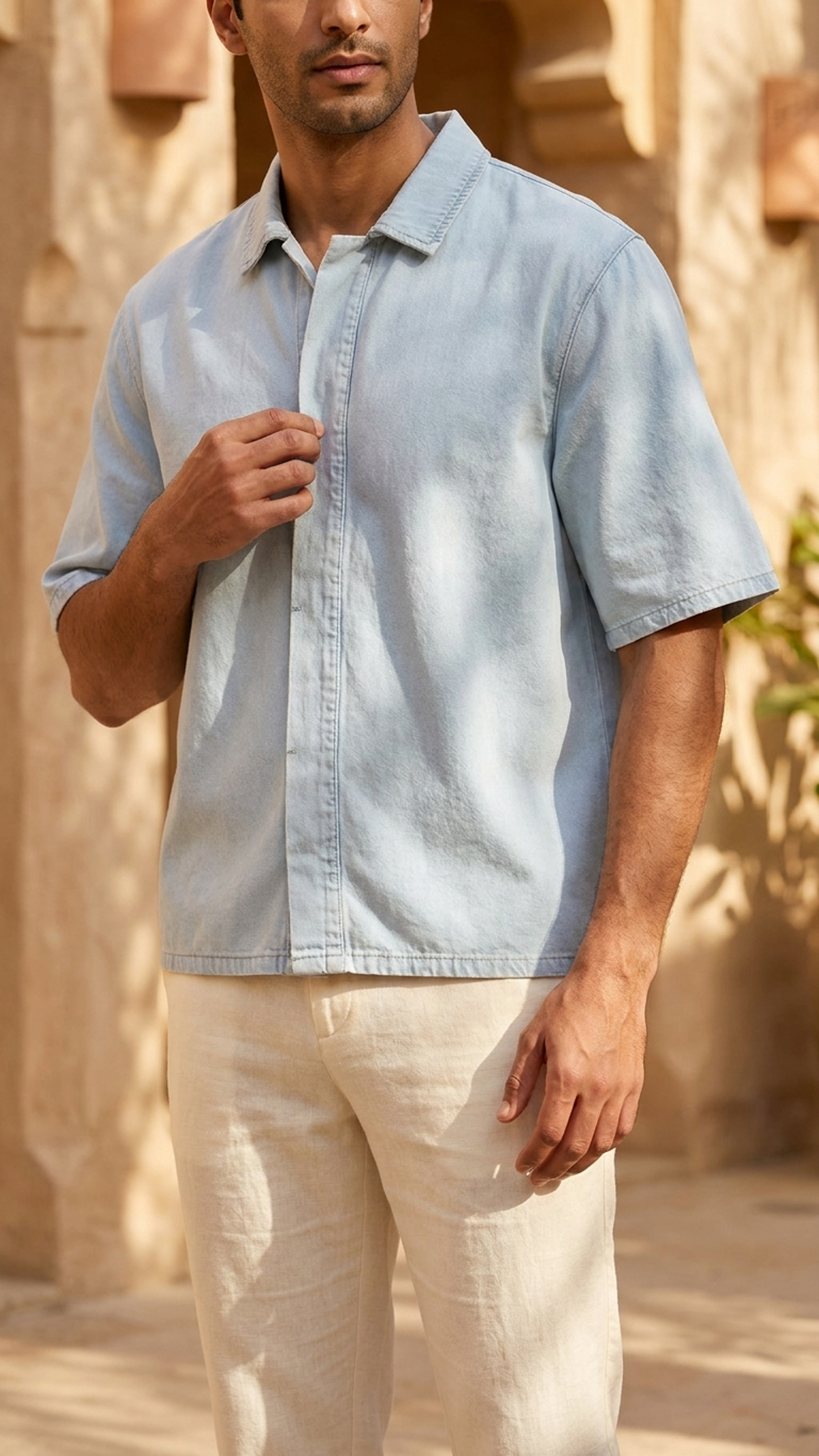 Light blue unisex vintage-wash drop-shoulder lyocell shirt, short sleeves, button-front