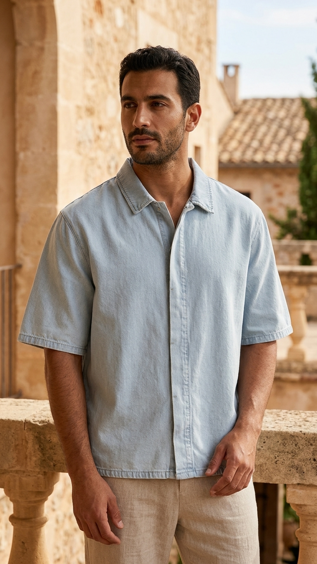 Light blue unisex vintage-wash drop-shoulder lyocell shirt, short sleeves, button-front