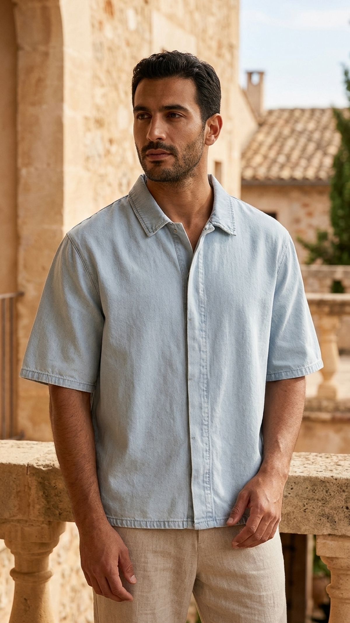 Light blue unisex vintage-wash drop-shoulder lyocell shirt, short sleeves, button-front