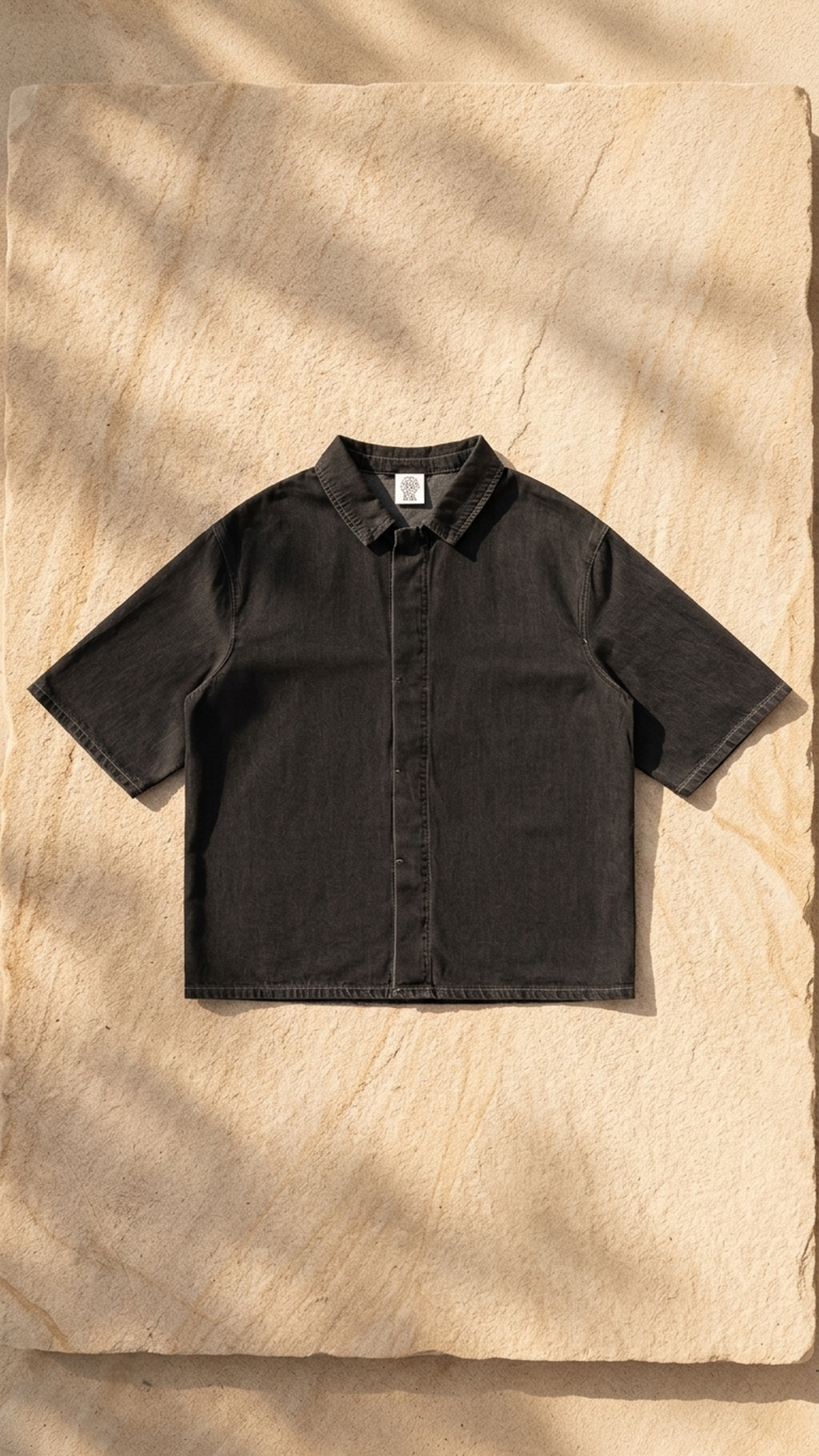 Black unisex drop-shoulder lyocell shirt with short sleeves and button-front, front view