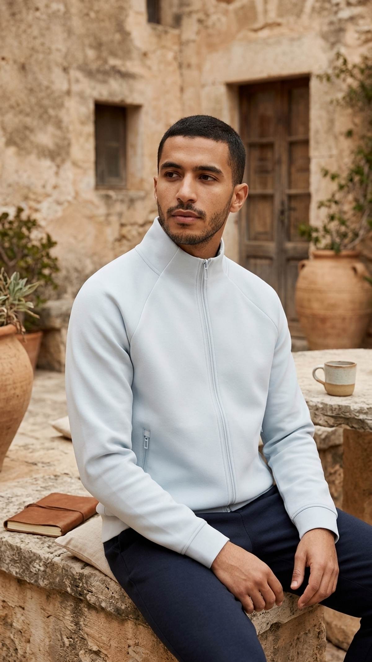 Light blue stand-collar zip jacket worn by model