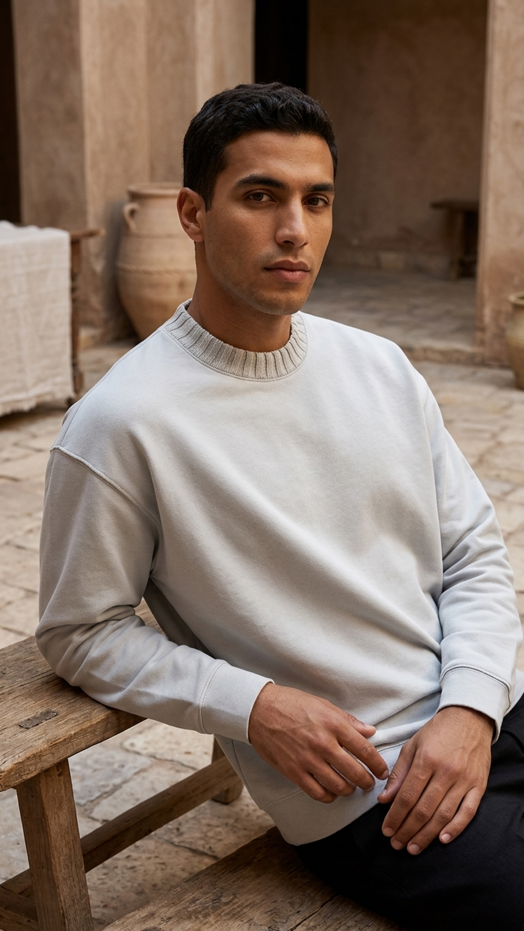 Oversize knitted round-neck sweatshirt in light gray/white, ribbed collar and cuffs