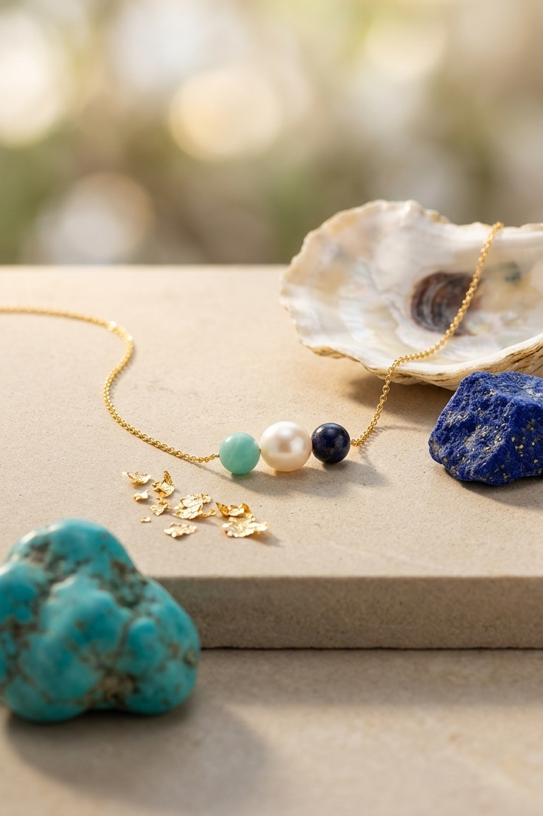White Pearl, Amazonite, Garnet Stones 18k Gold Beaded Necklace
