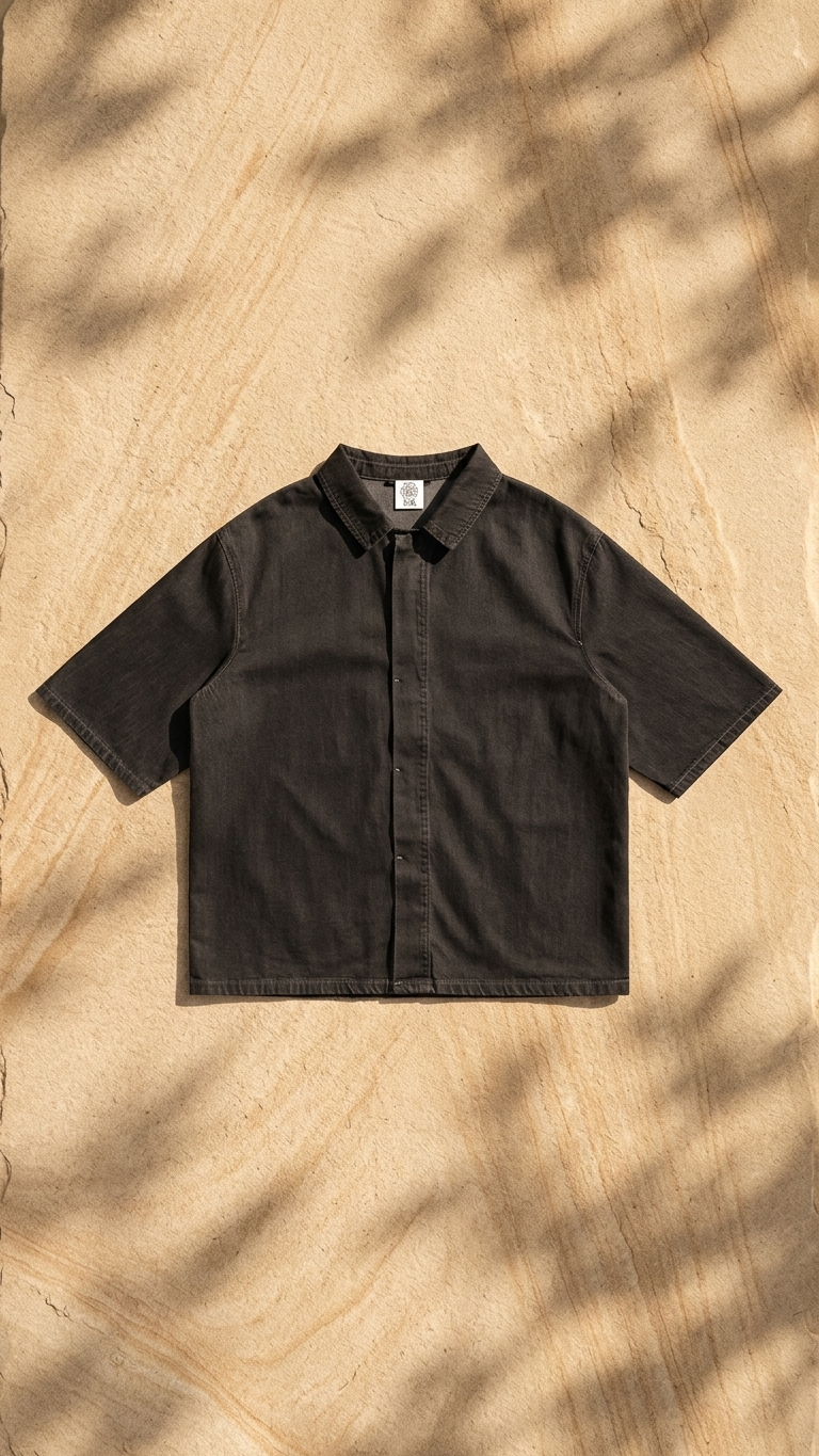Black unisex vintage-wash drop-shoulder lyocell shirt, short sleeves, button-front