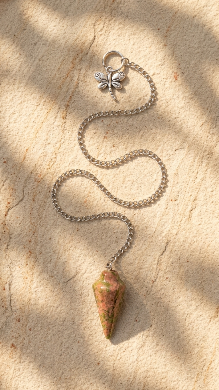 Unakite stone dowsing pendulum with long silver chain and clover connector