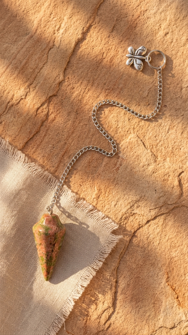 Unakite stone dowsing pendulum with silver chain and clover bail charm