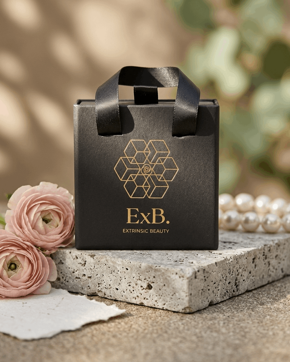 Black jewelry gift box with ExB logo and attached ribbon handles