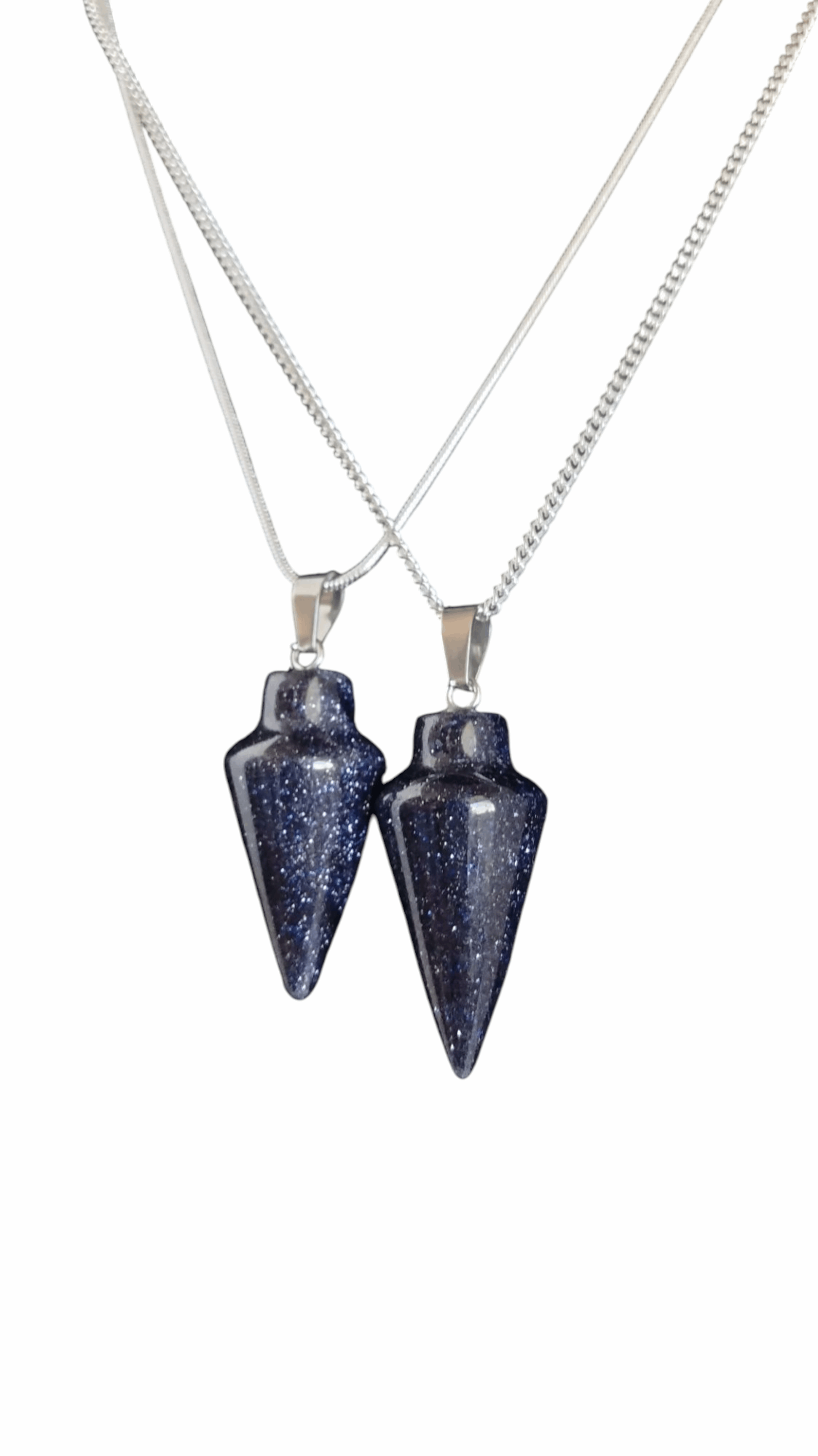 925 silver pendulum necklace with two dark blue speckled teardrop stones