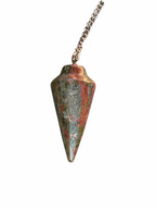 Unakite faceted pendulum with silver chain and pointed teardrop stone