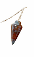 Agate pendulum bag charm with faceted blue-red stone and silver chain